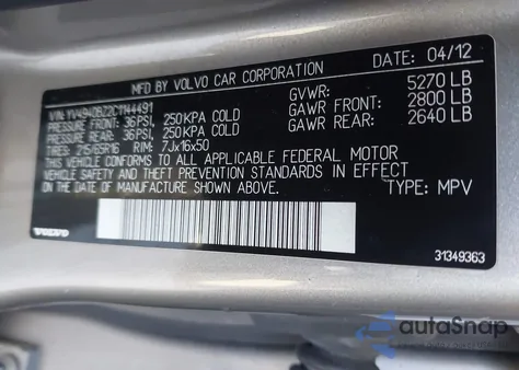 2012 Volvo Xc70 3.2/3.2 Platinum/3.2 Premier/3.2 Premier Plus z USA, uszkodzony, nr VIN YV4940BZ2C1144491